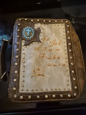 Bible Cover Bag with Turquoise Cross Accent - Brown and Cream